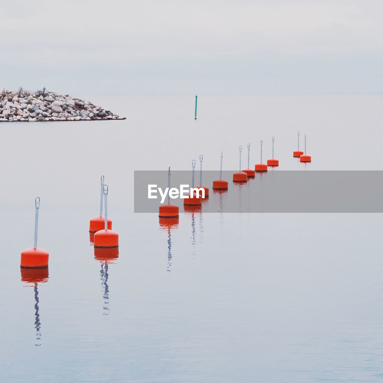 Red buoys in a calm harbor