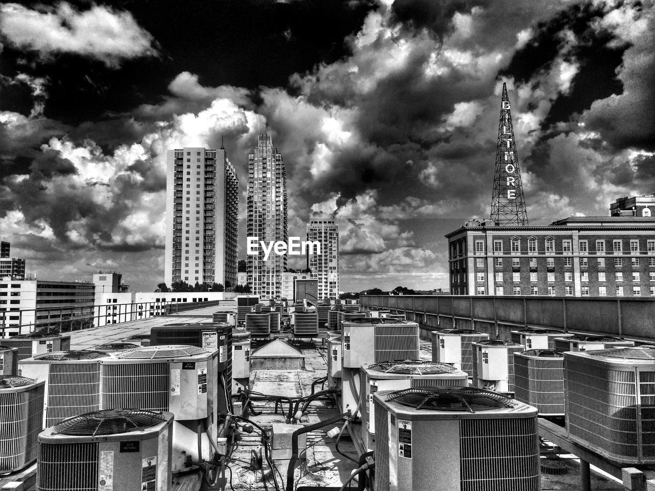 View of city on cloudy day