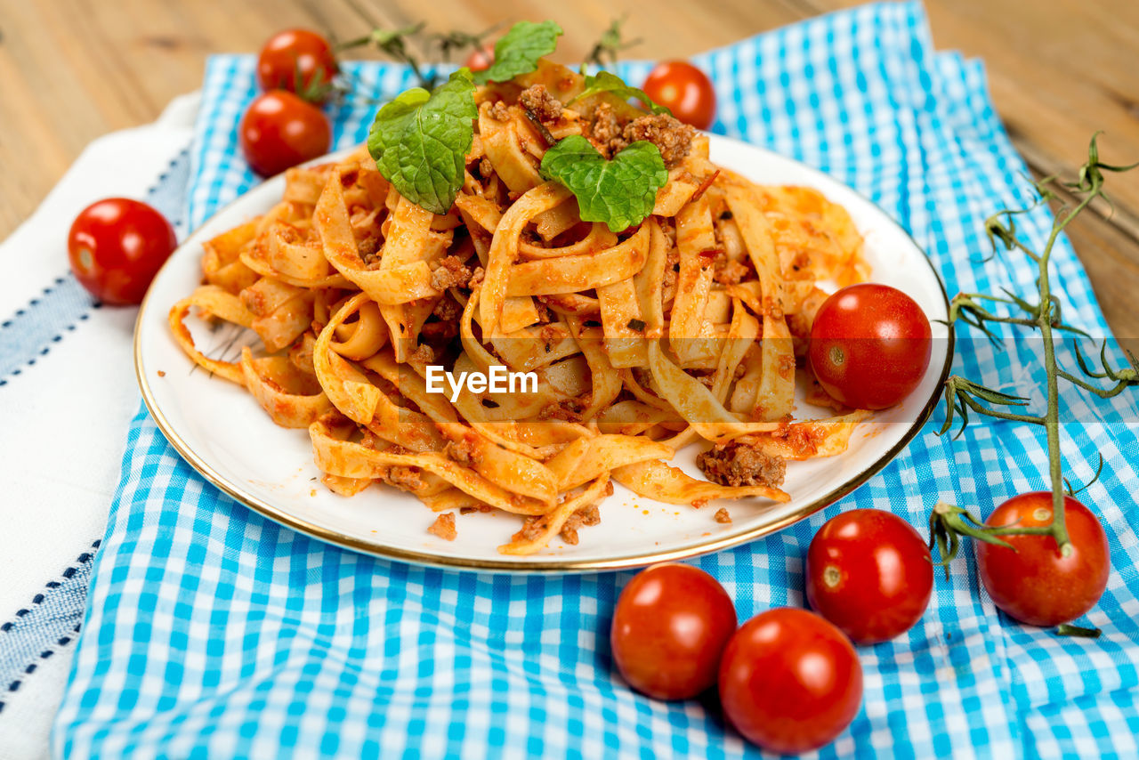 High angle view of tagliatelle pasta served in dish