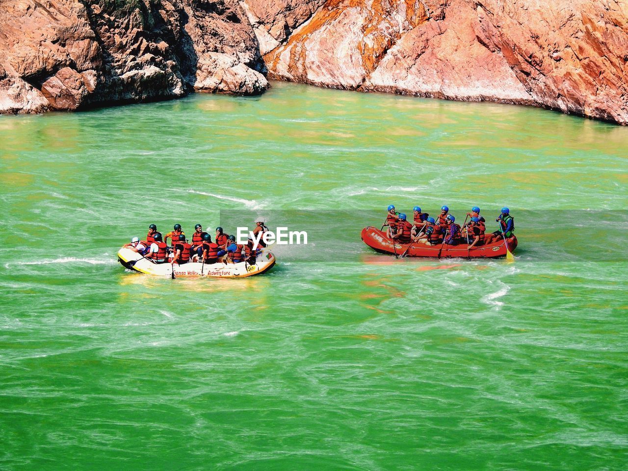 High angle view of people rafting in ganges river