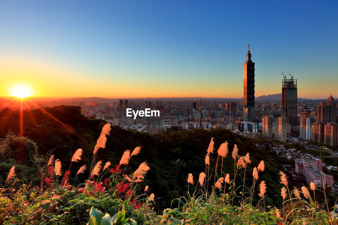 View of city at sunset