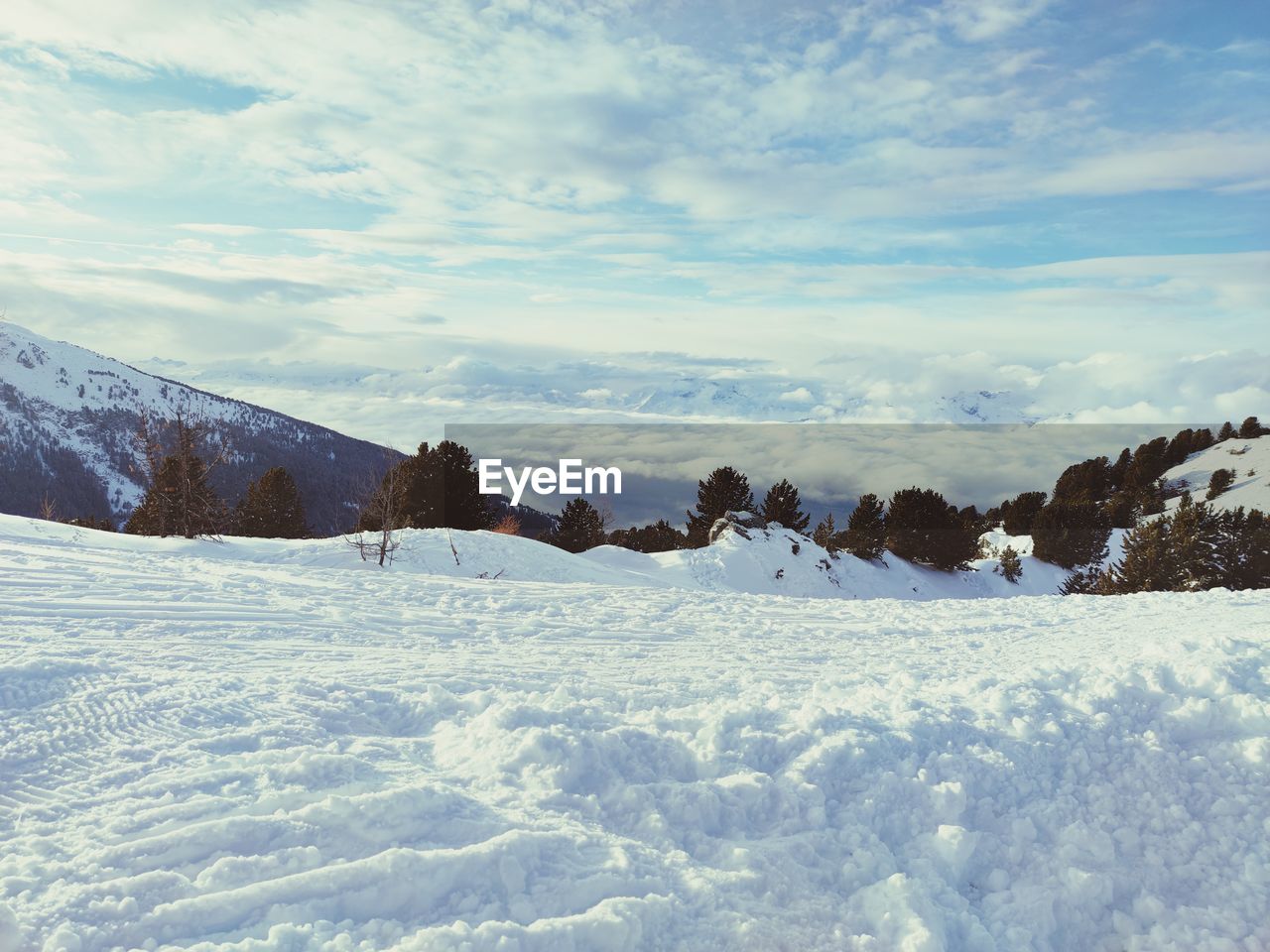 SNOW COVERED LANDSCAPE AGAINST SKY