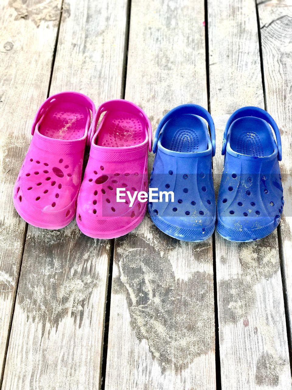 Wood - Material Pair High Angle View Day Shoe No People Pink Color Outdoors Close-up Blue Color