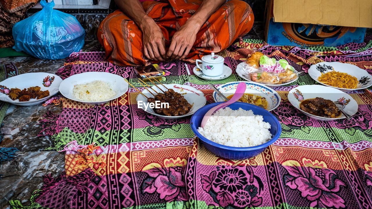 High angle view of food servings in madura