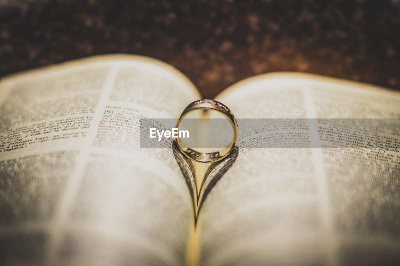 Close-up of ring on book