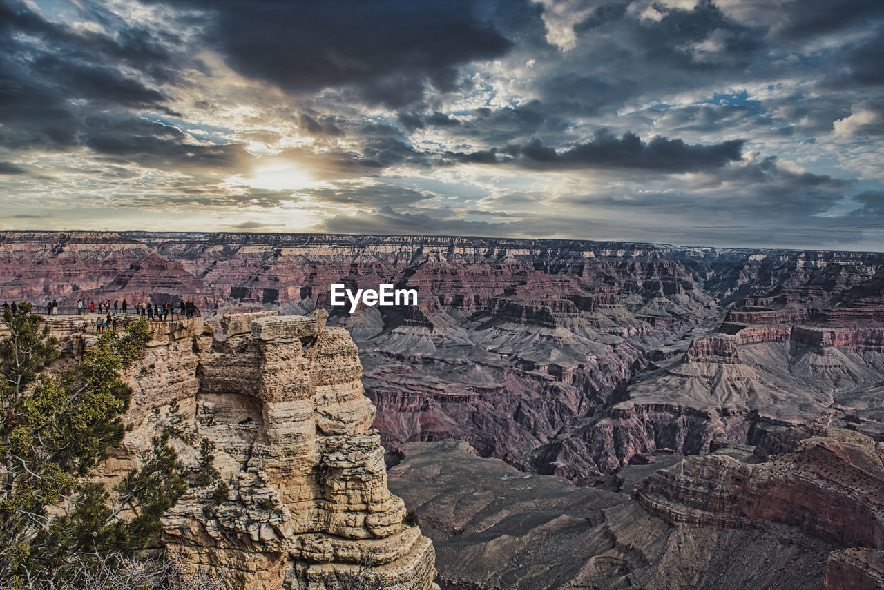 Aerial view of rock formations against cloudy sky