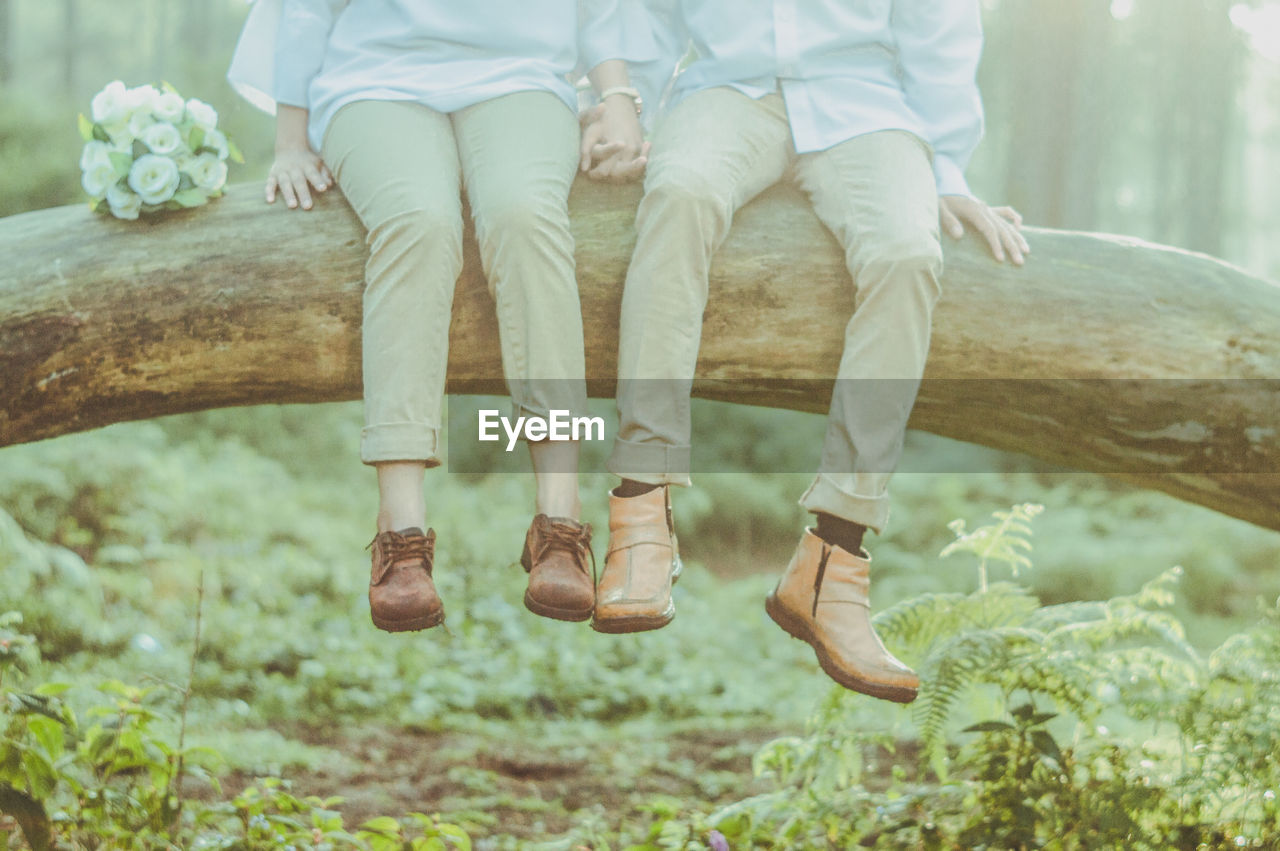 LOW SECTION OF MAN AND WOMAN SITTING ON PLANT