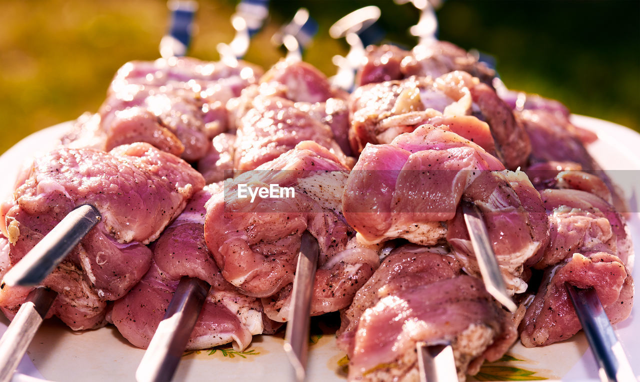 Extreme close up of meat on skewers
