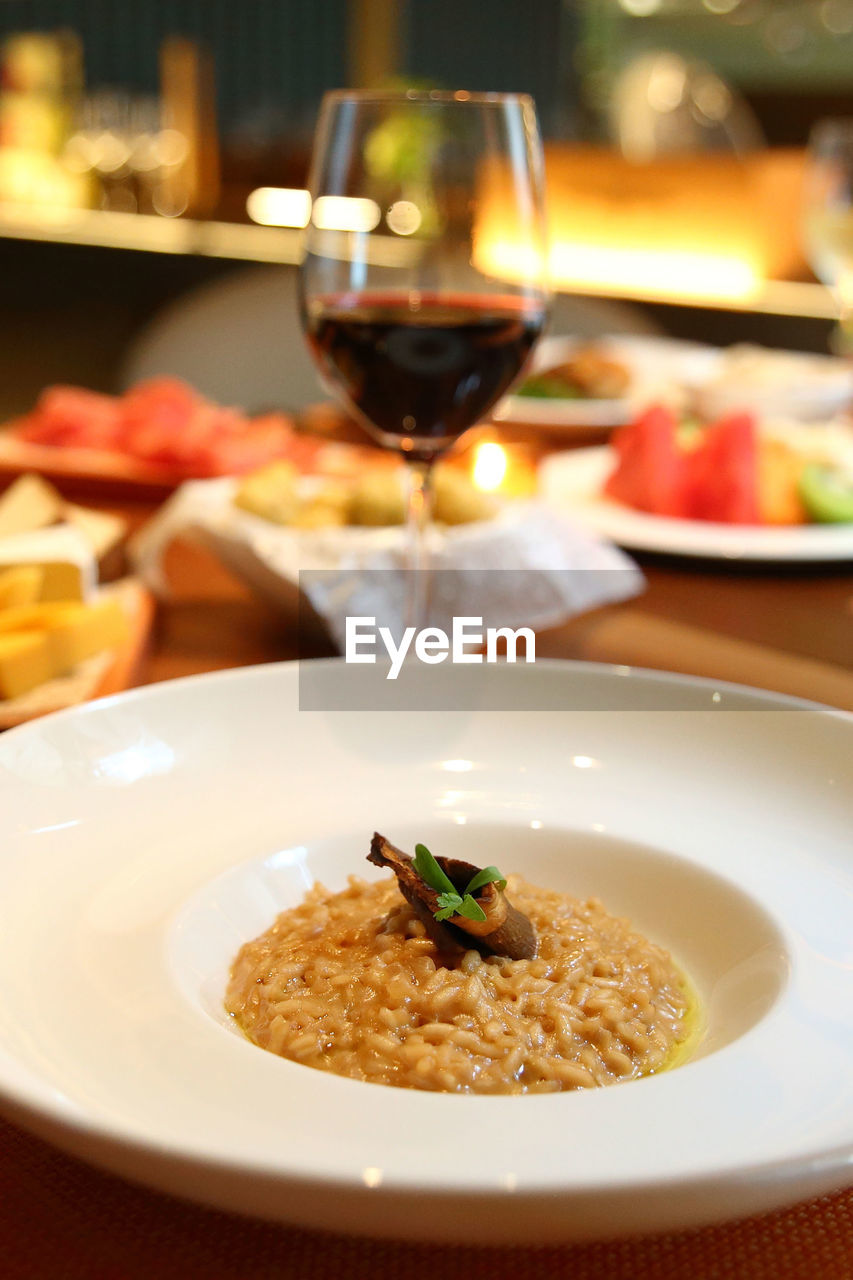 Close-up of food served in plate on table