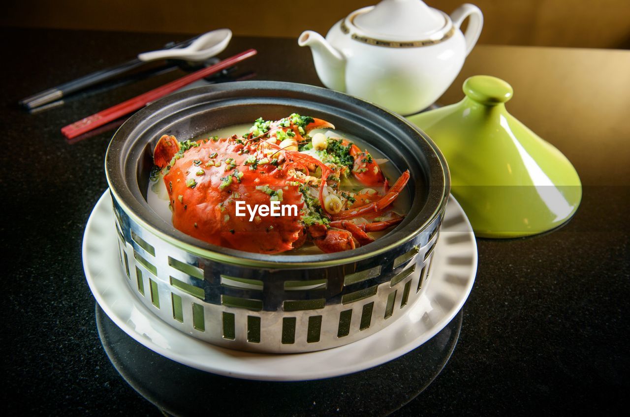 HIGH ANGLE VIEW OF MEAL SERVED IN PLATE