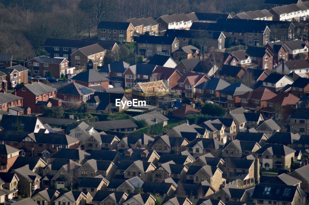 High angle view of houses in town