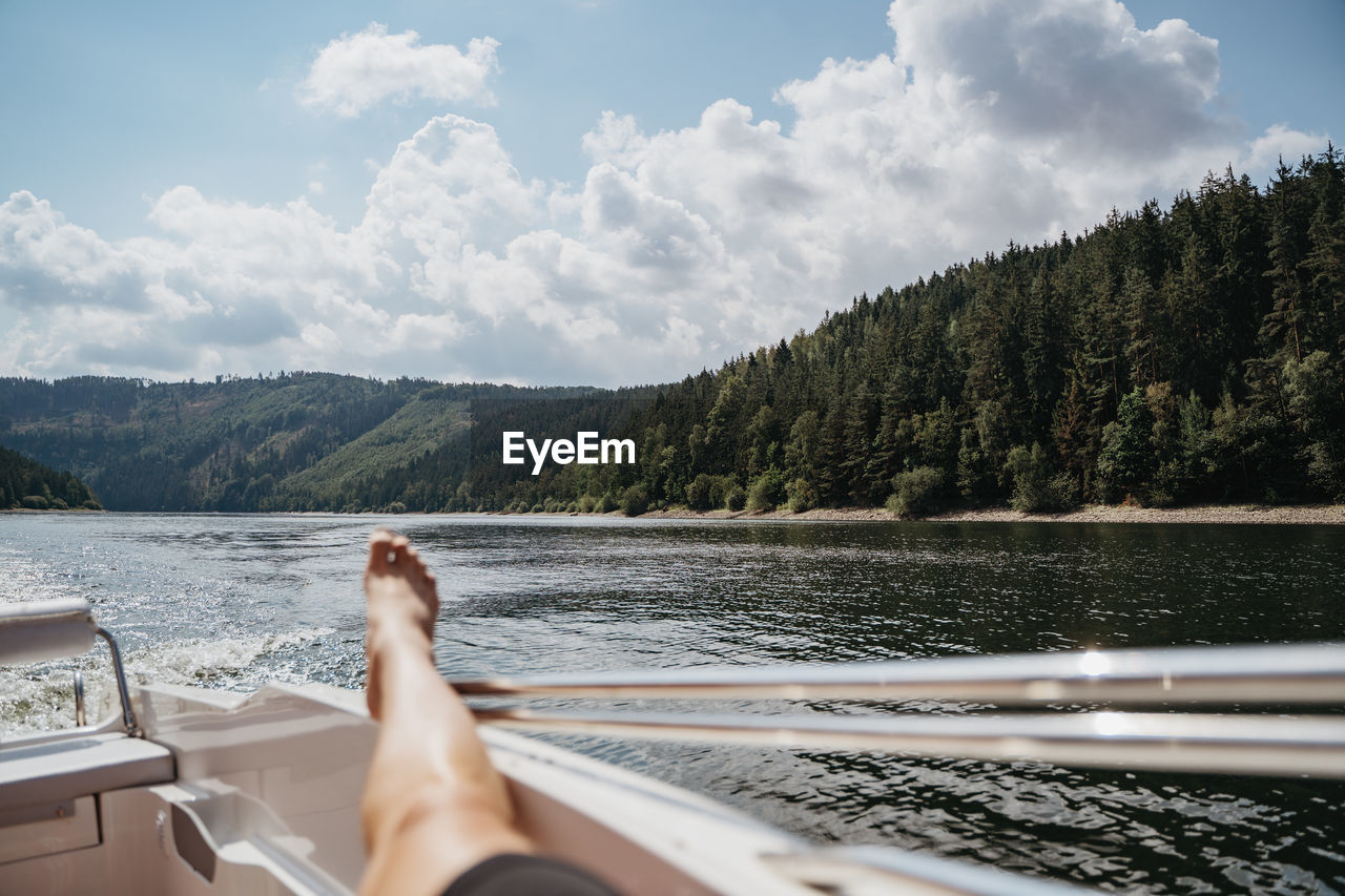 Low section of person in boat on lake at forest