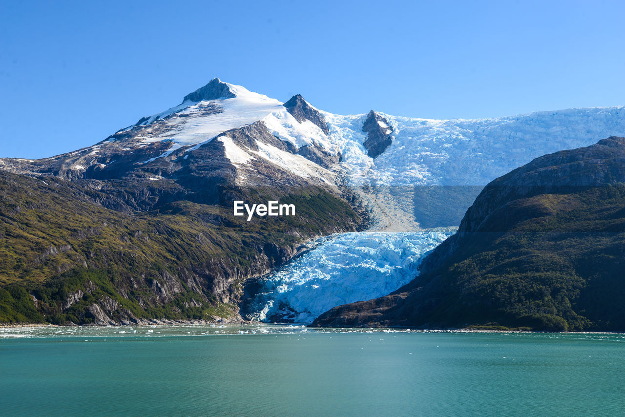 Scenic view of sea and snowcapped mountains against sky