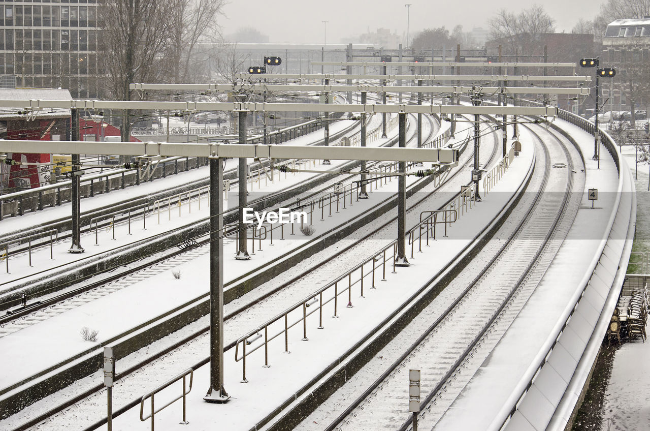 High angle view of railroad tracks during winter