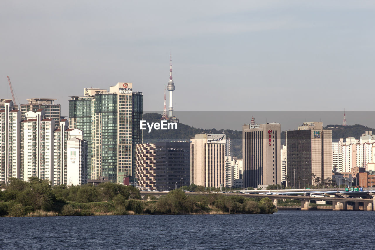 City skyline with river in background