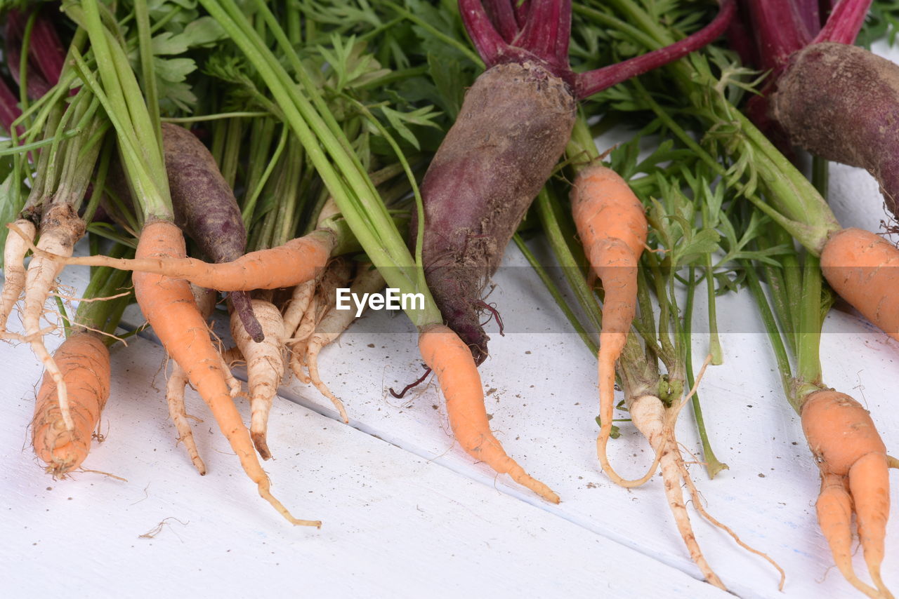 Healthy food early vegetable carrots, parsley and beet on old wooden table