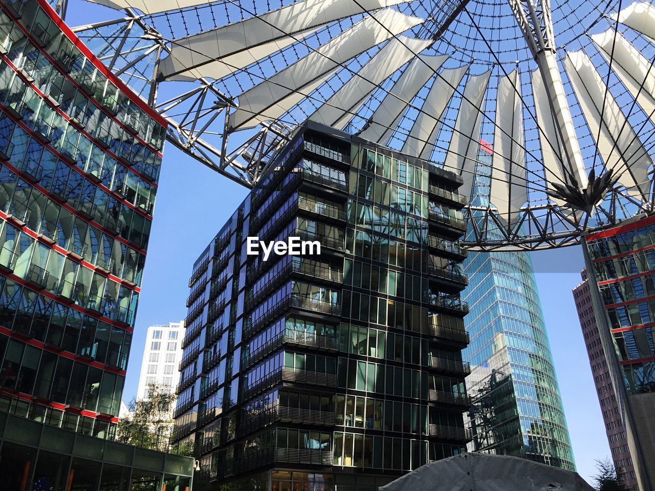 Low angle view of sony center against sky