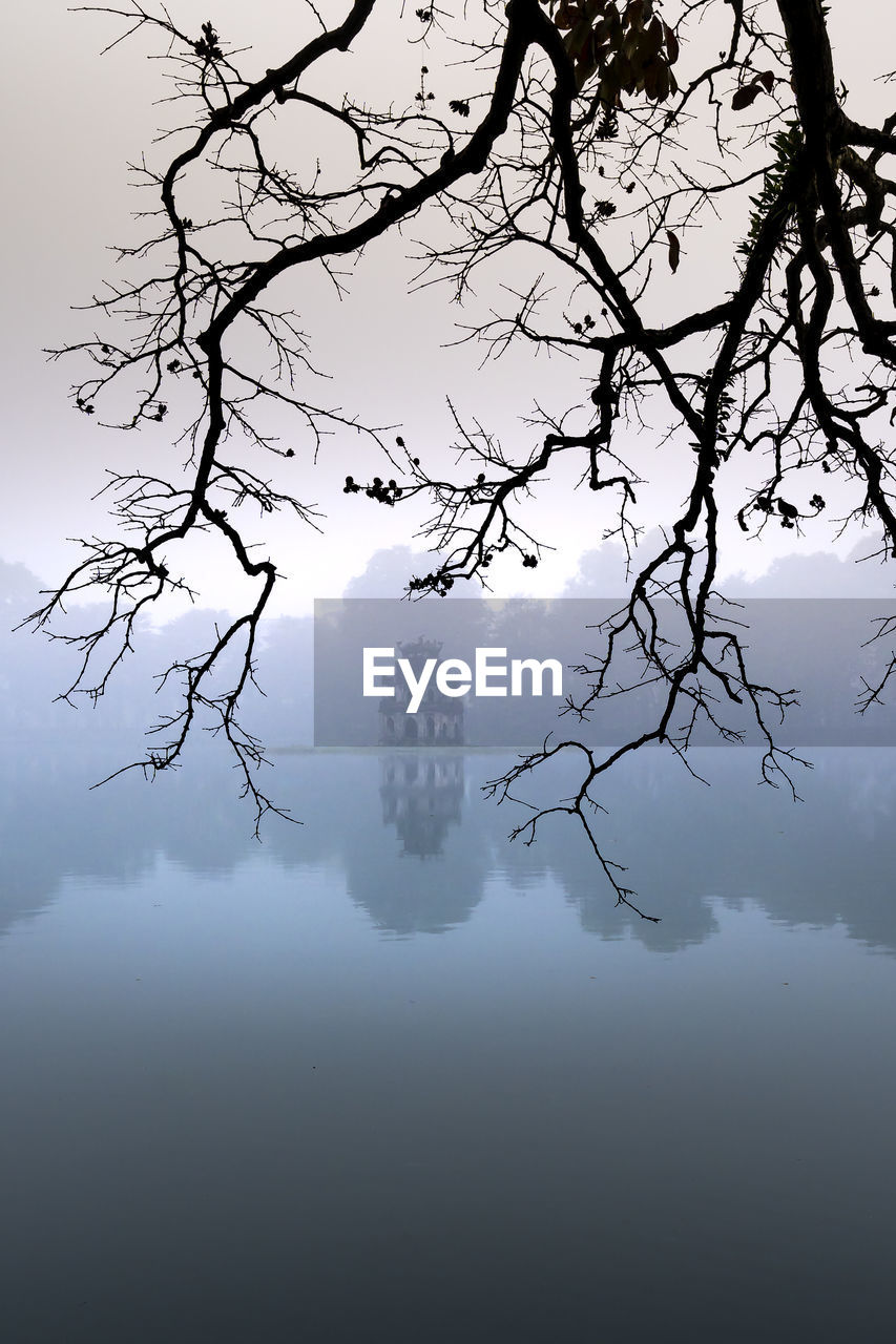 SILHOUETTE TREE BY LAKE AGAINST SKY