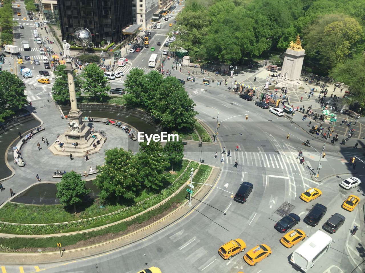 High angle view of columbus circle in city
