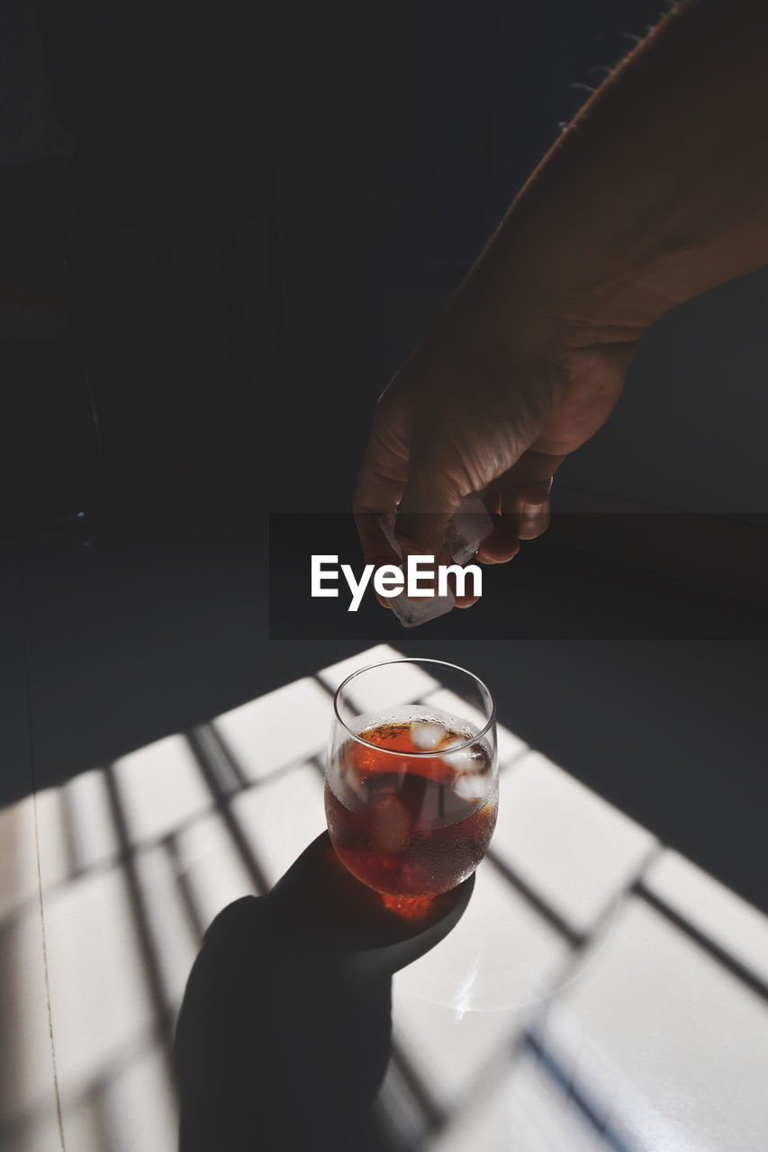 Cropped hand putting ice cubes in glass