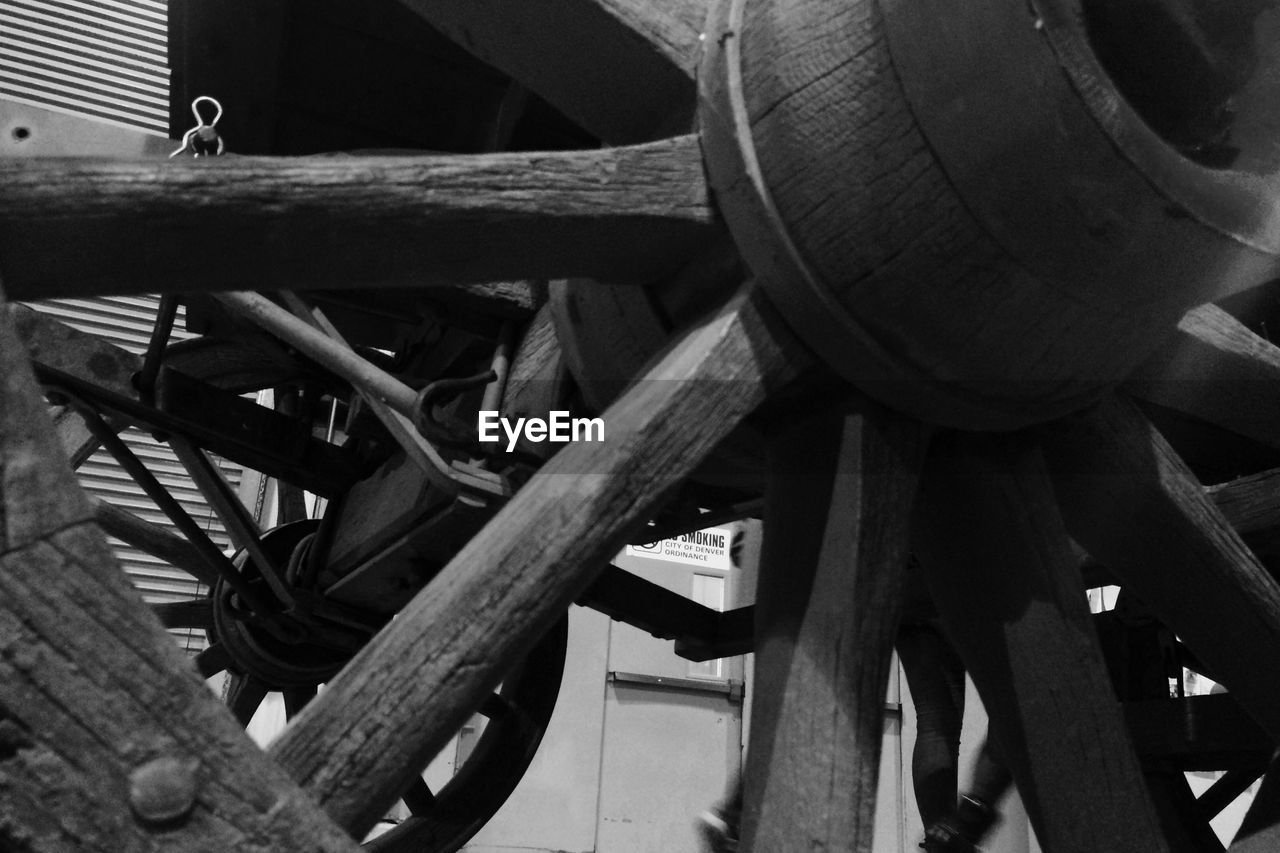 Close-up of wooden cart wheels