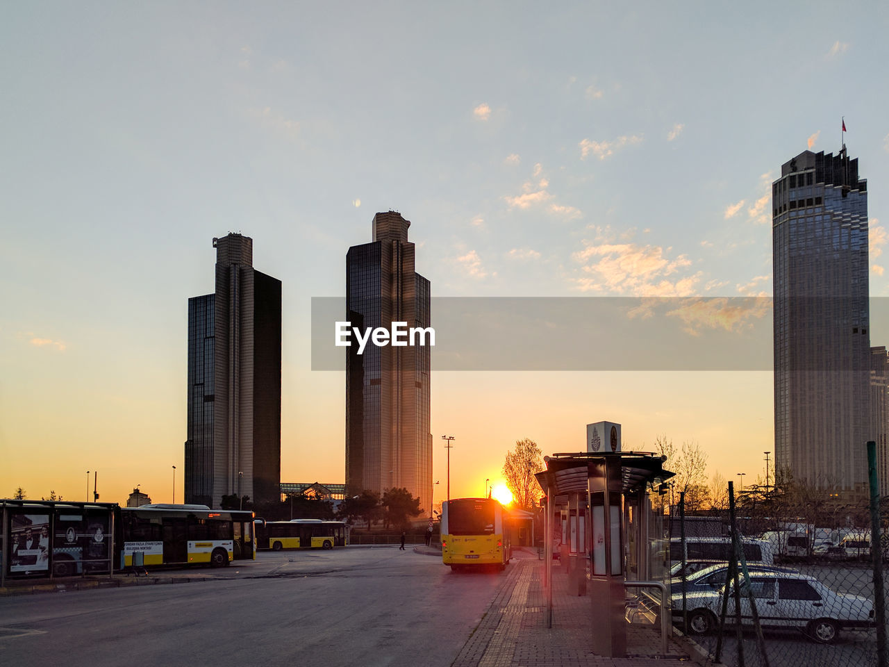 View of city at sunset