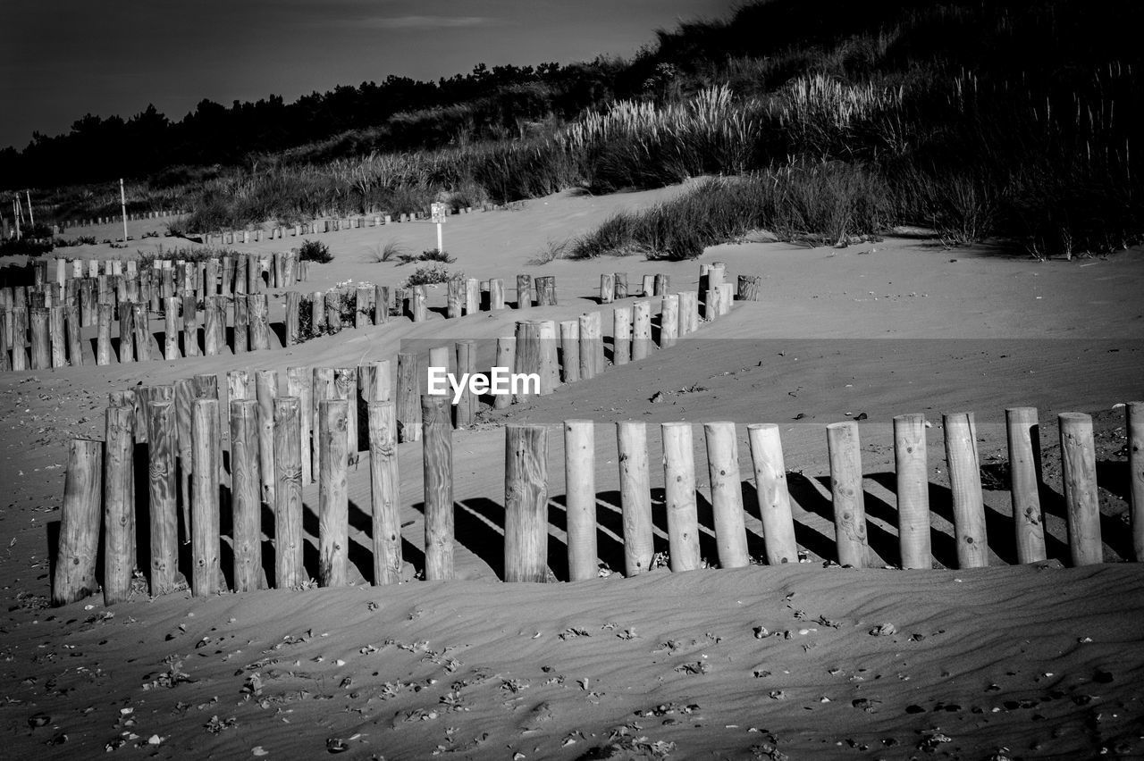 PANORAMIC VIEW OF WOODEN POST ON SAND