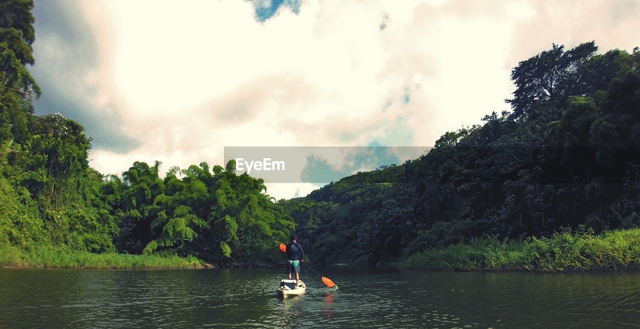 Man paddleboarding on river amidst trees against sky