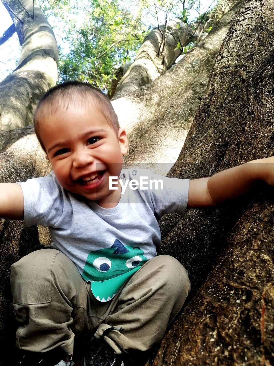 portrait of boy sitting on rock at park