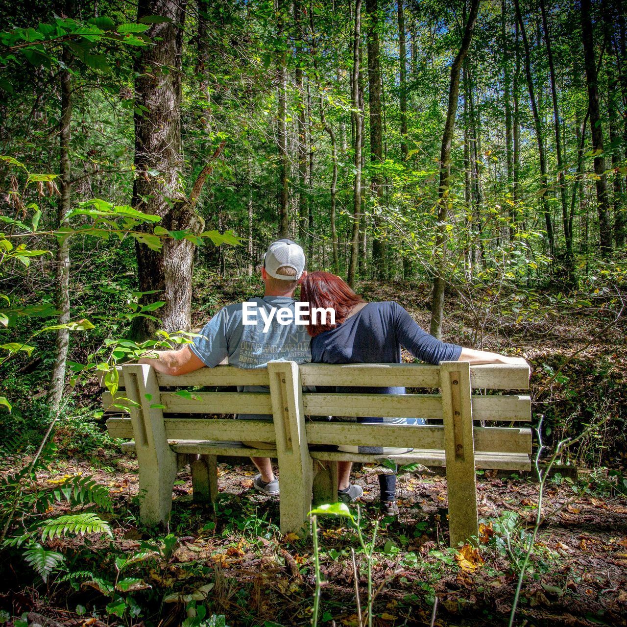 Couple siting on bench in forest
