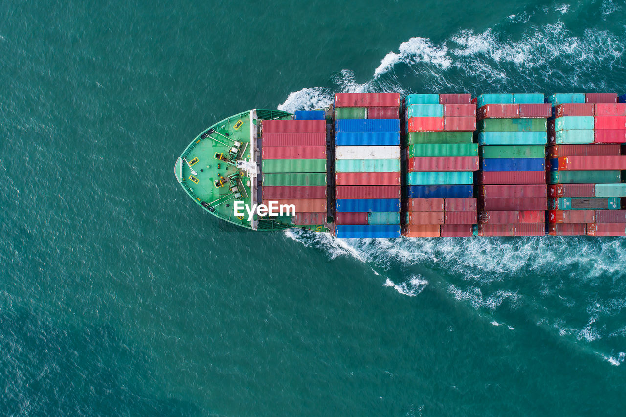 High angle view of ship on sea shore