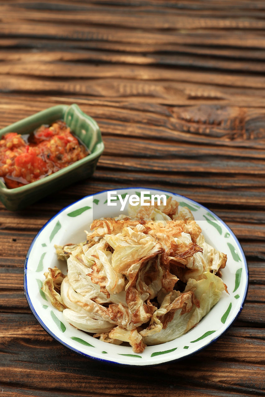 high angle view of food served in plate on table