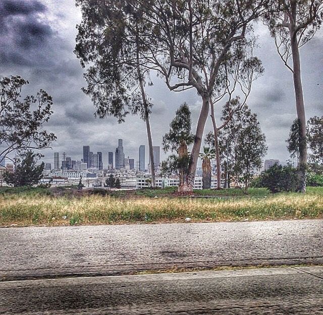City skyline seen from road
