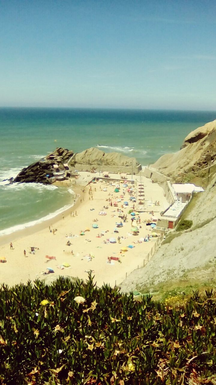 HIGH ANGLE VIEW OF SEA AGAINST BLUE SKY