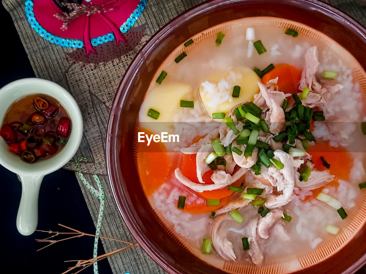 High angle view of food in bowl on table