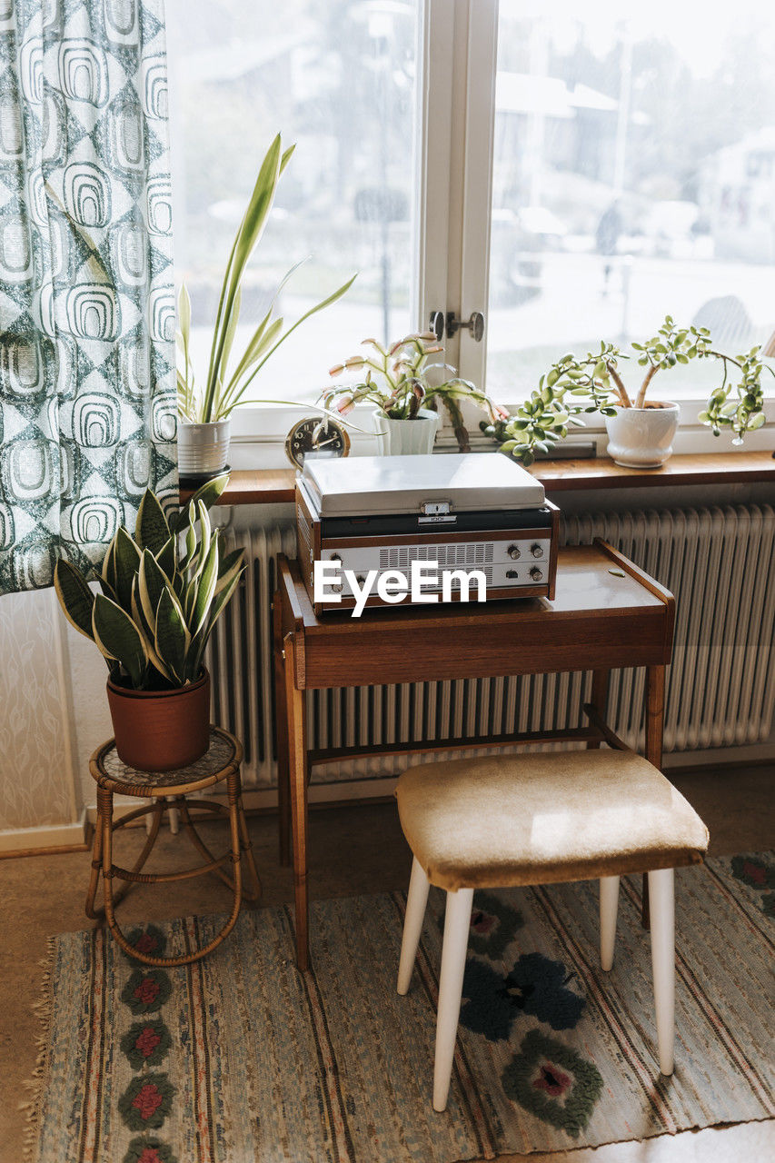 Audio equipment and plants arranged on table at home