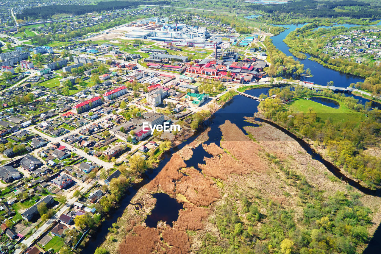 Moder paper factory aerial view. industrial plant in summer day. city landscape