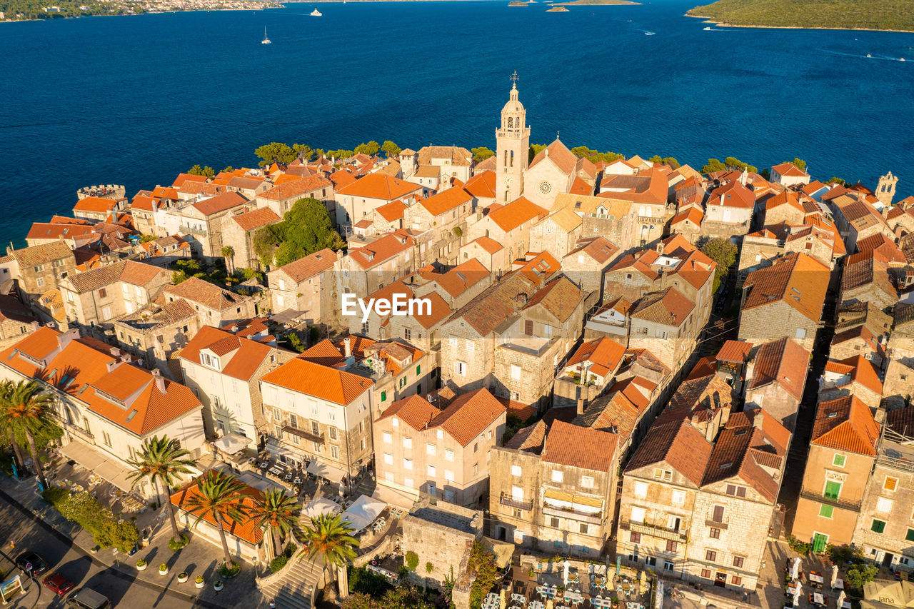 Aerial view of korcula town on korcula island, adriatic sea, croatia