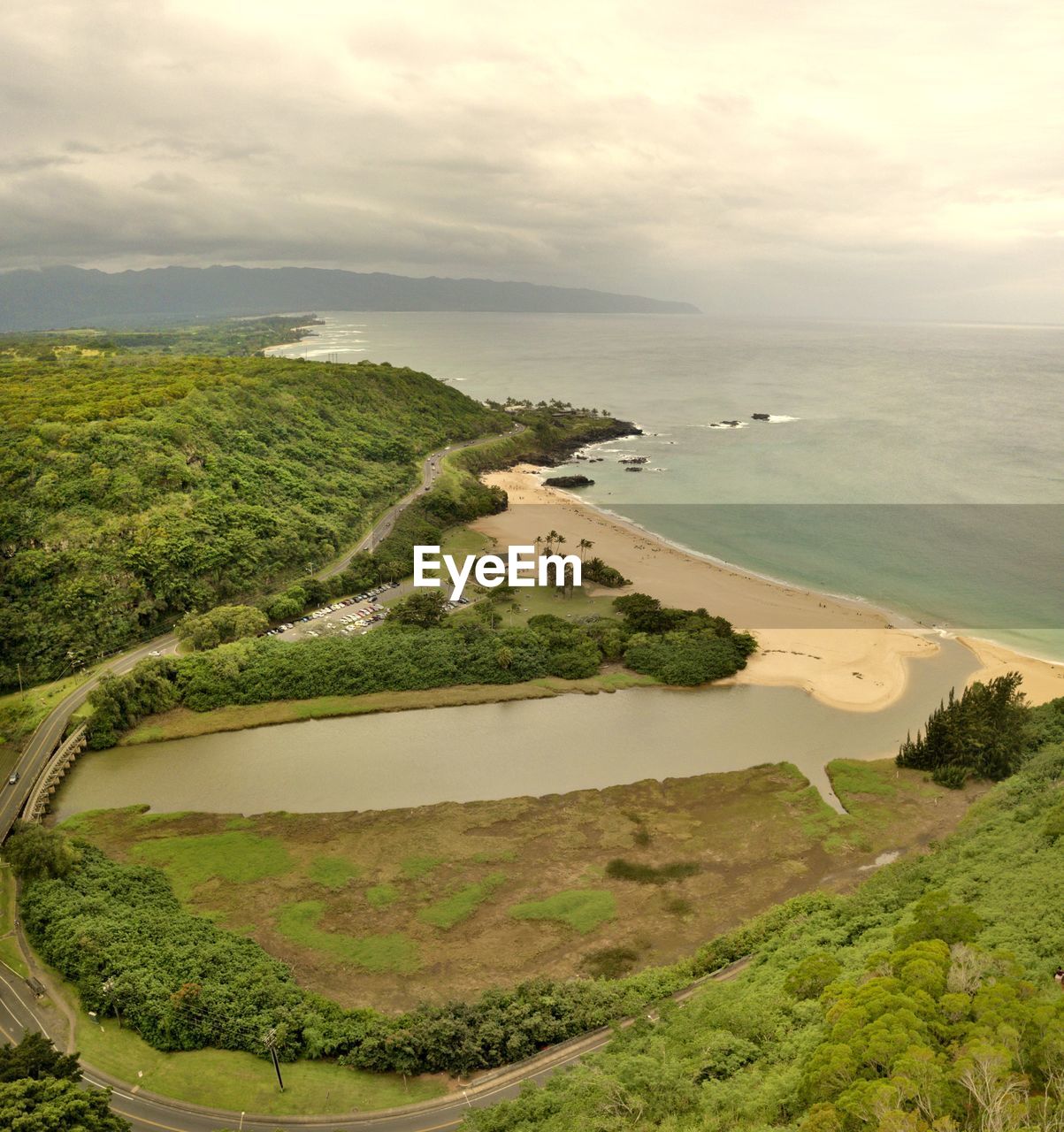 High angle view of bay against sky