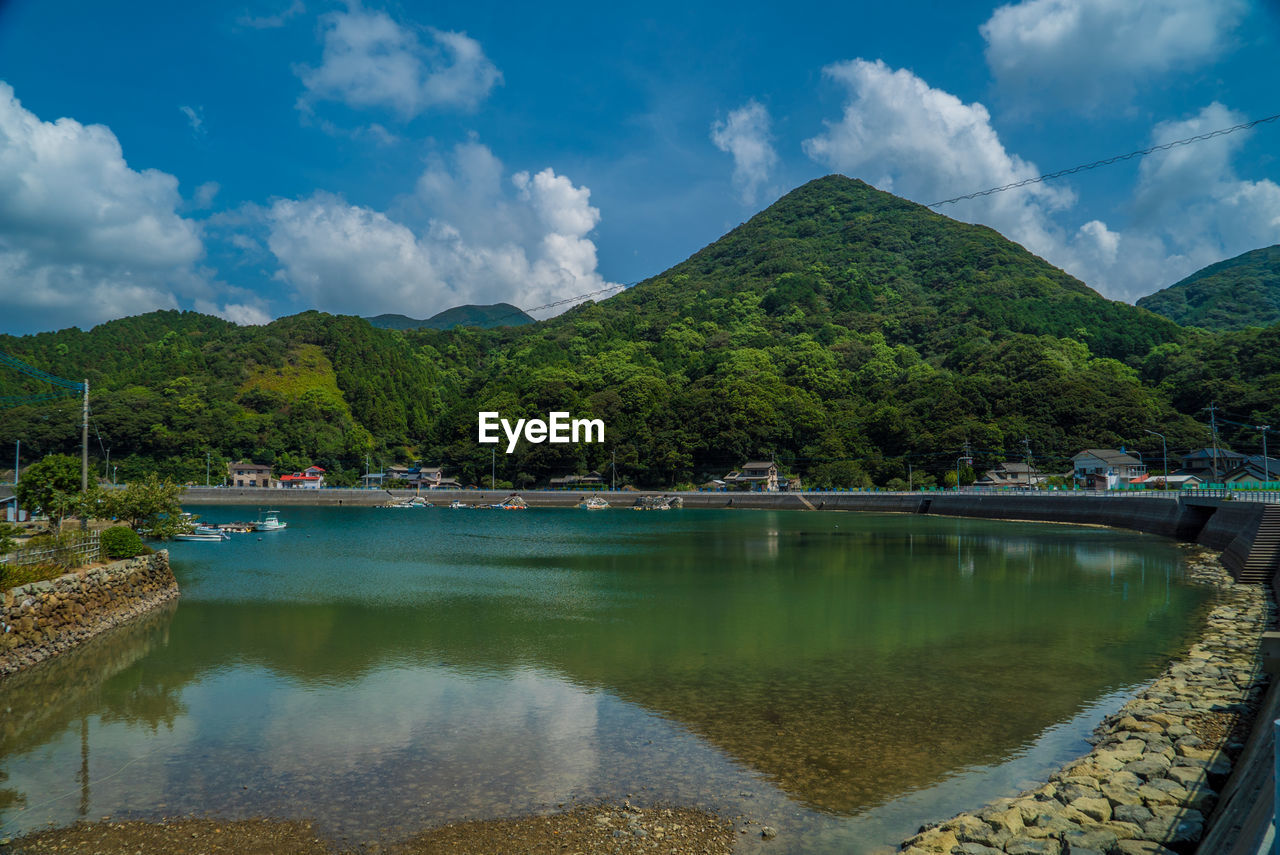 Scenic view of lake and mountains against sky