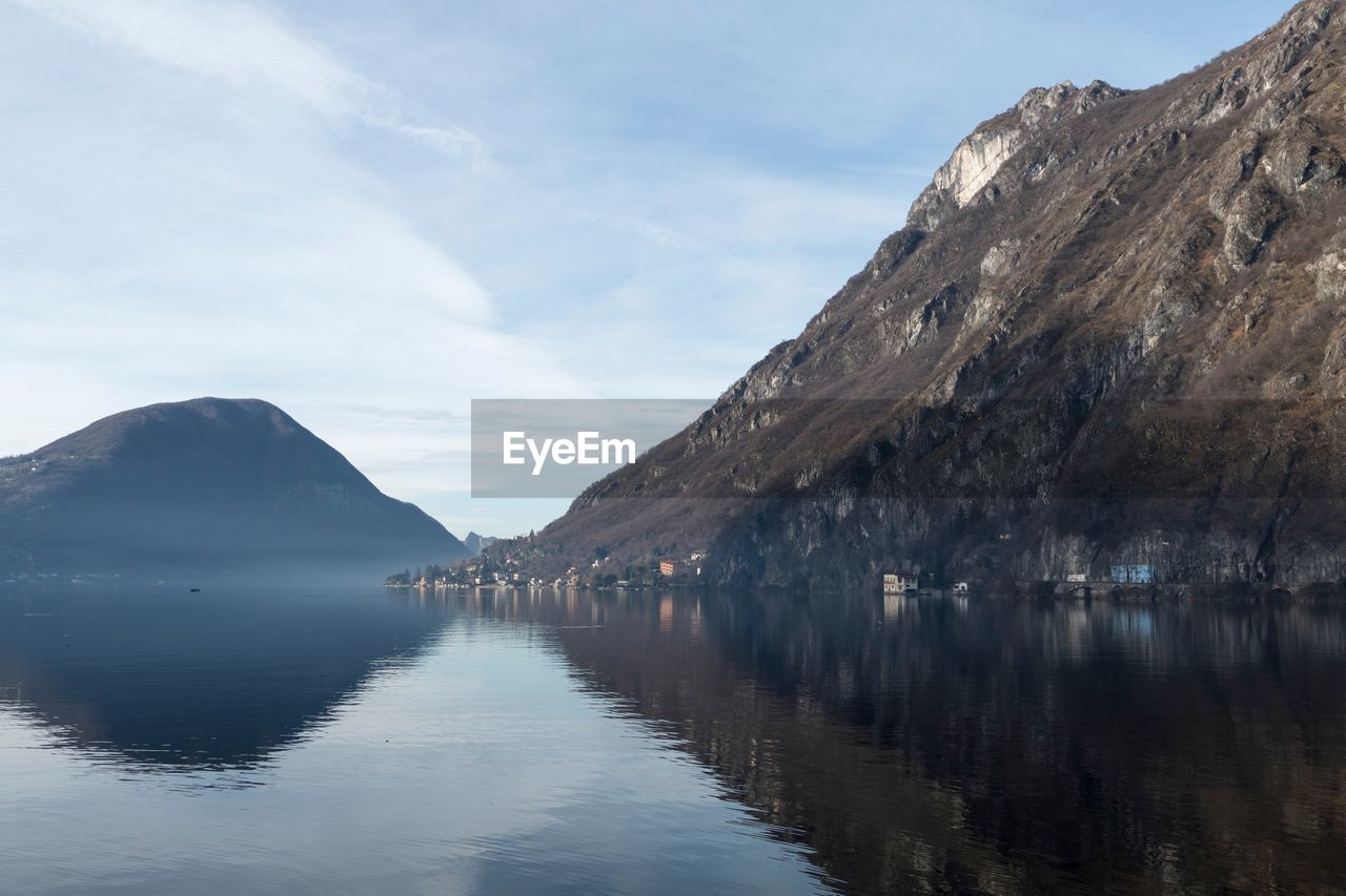 Scenic view of lake by mountains against sky