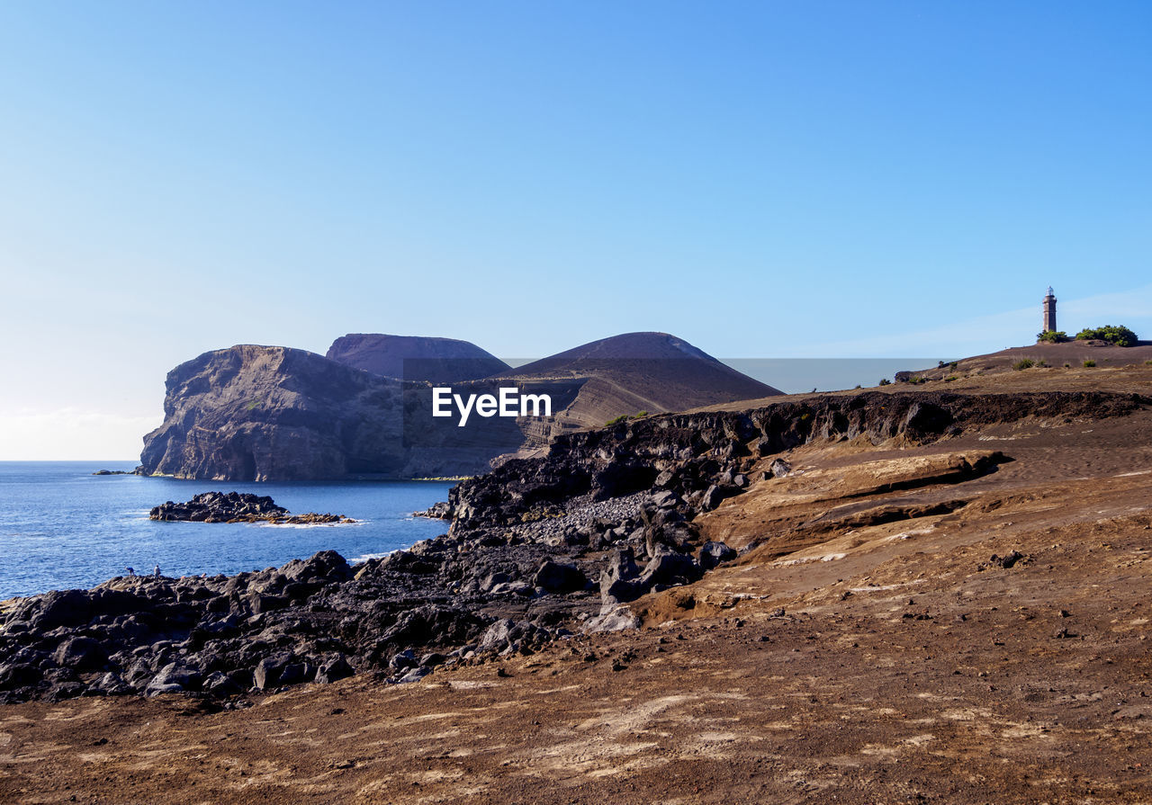 SCENIC VIEW OF SEA AND MOUNTAINS AGAINST CLEAR SKY