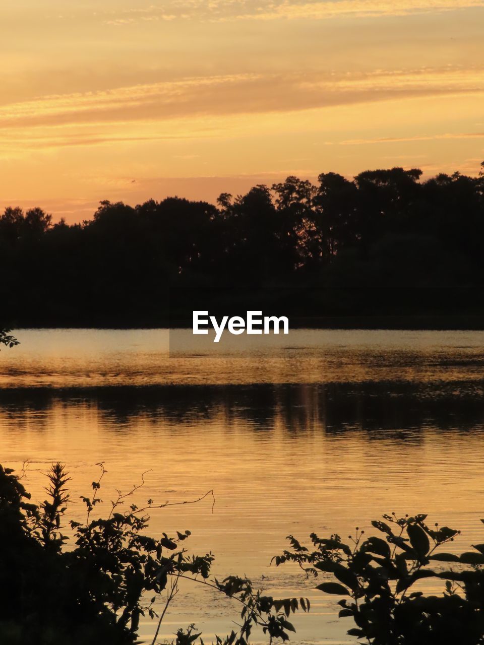 SCENIC VIEW OF LAKE BY SILHOUETTE TREES AGAINST SKY DURING SUNSET