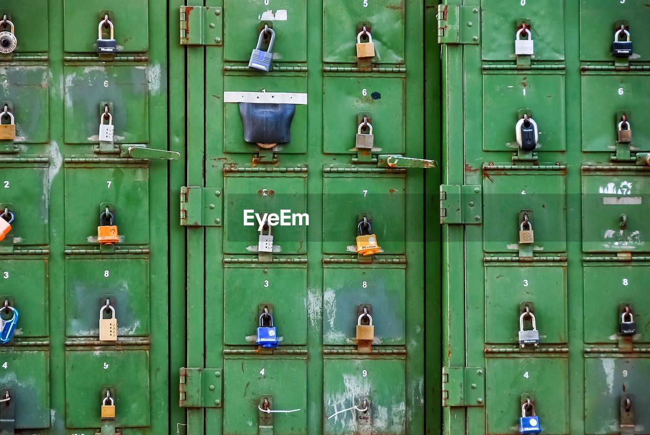 Full frame shot of locker with padlocks