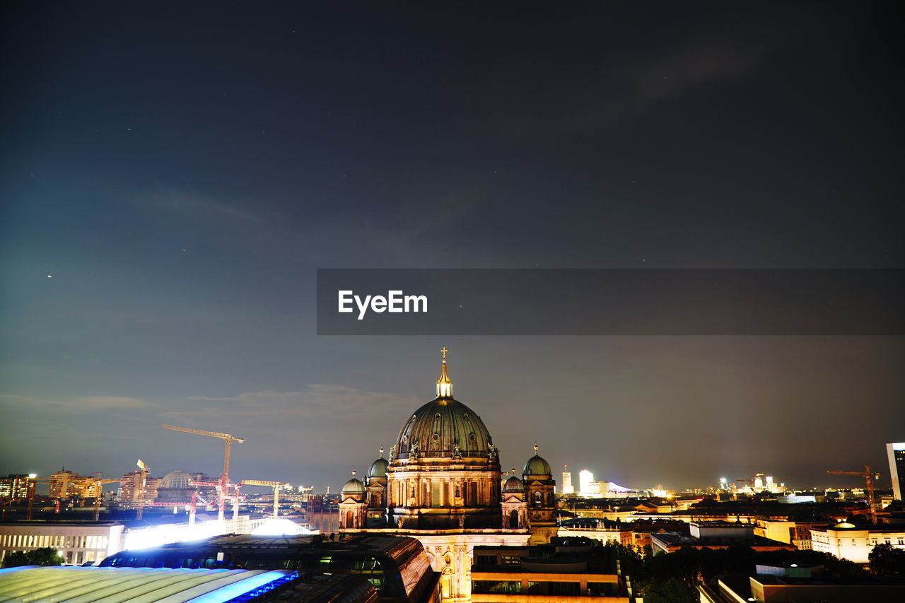 High angle view of illuminated cathedral against sky at night