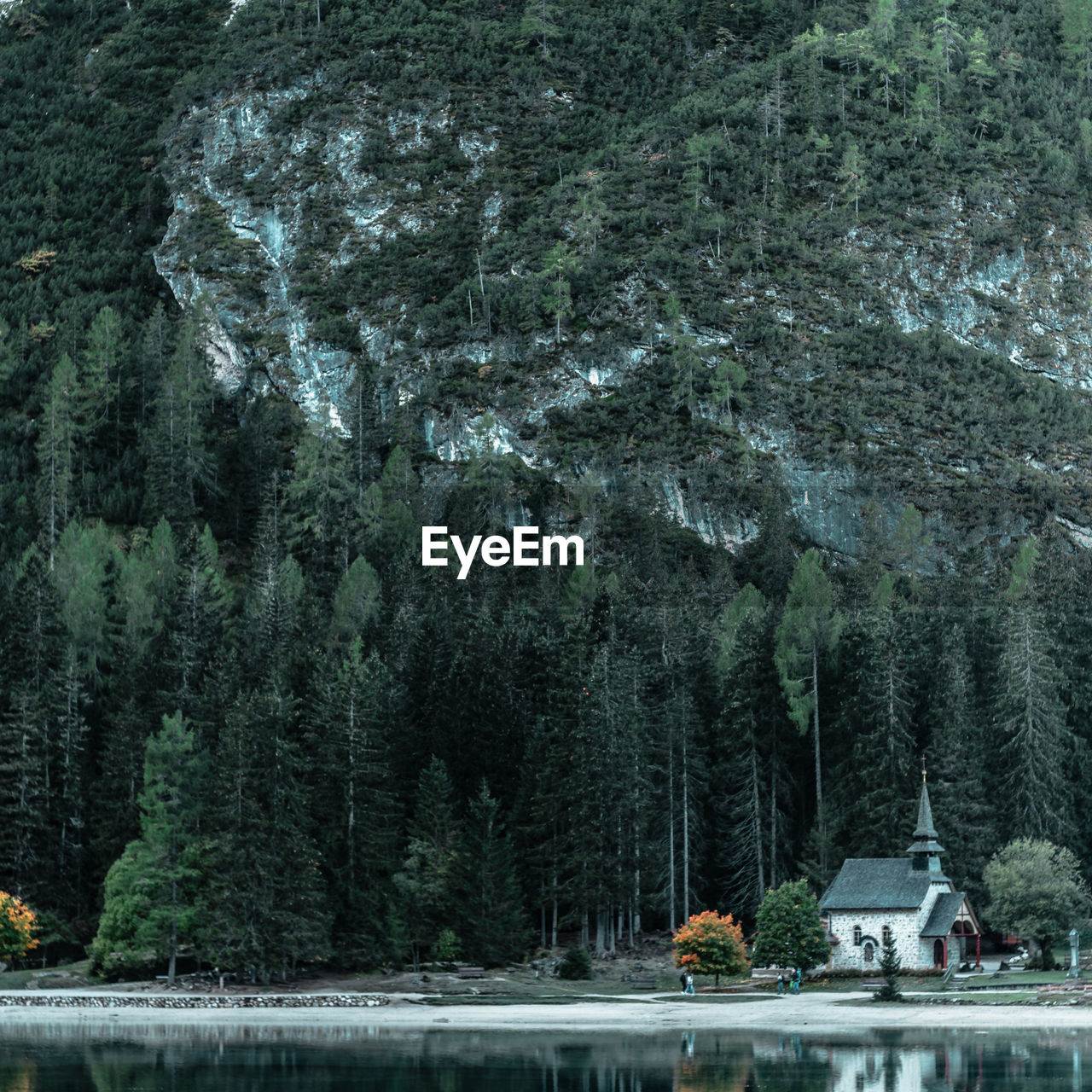 Scenic view of lake by built structure and trees