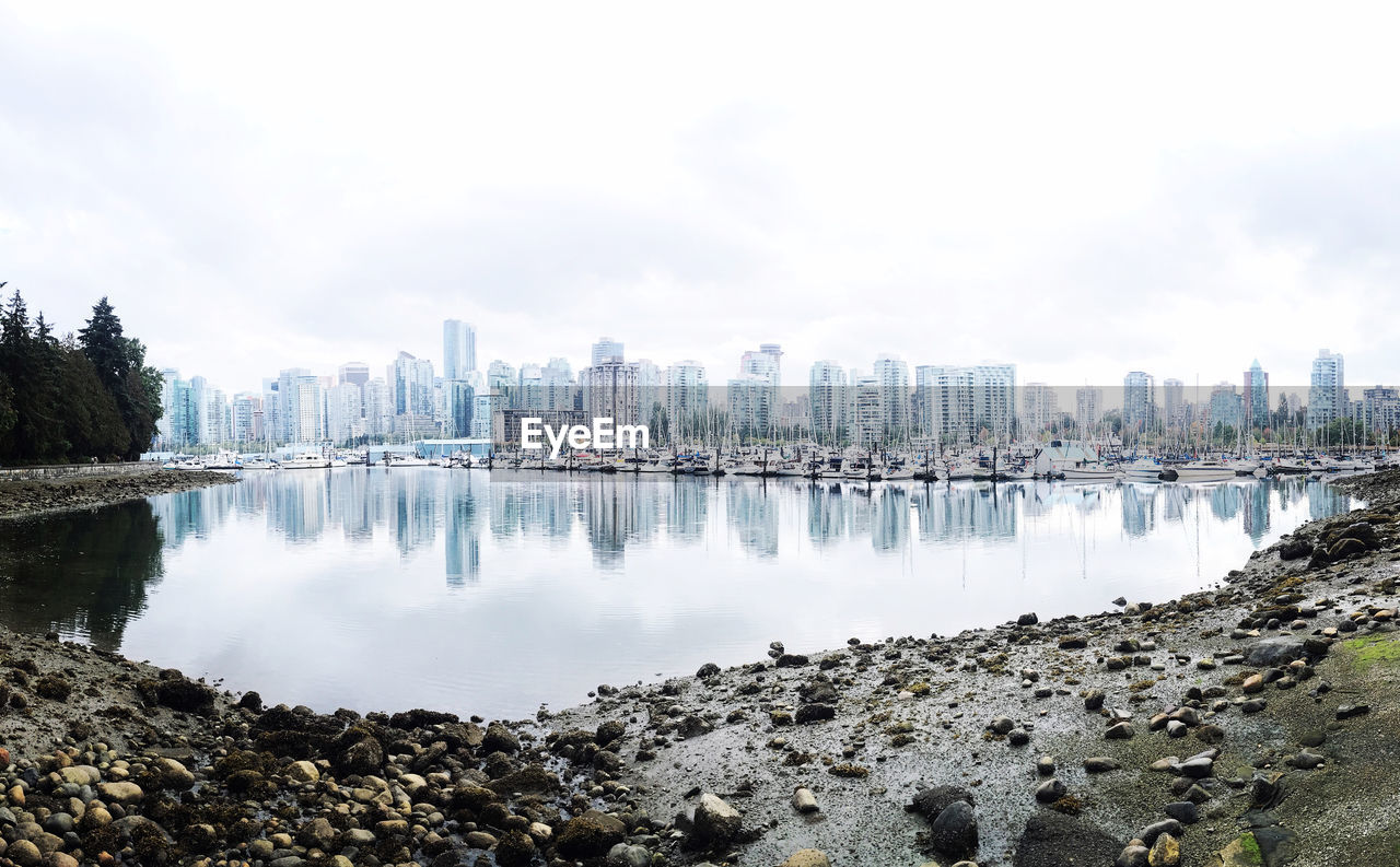 Panoramic view of bay and buildings against sky