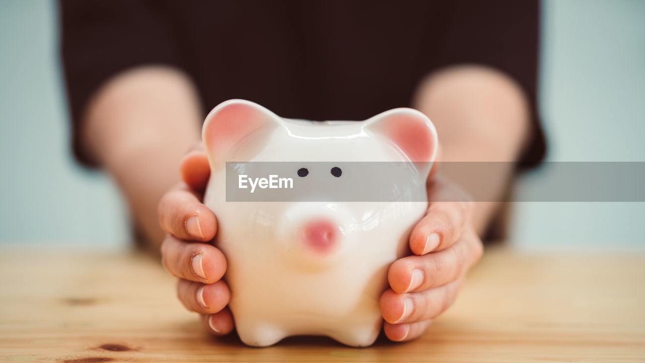 Close-up of woman holding piggy bank