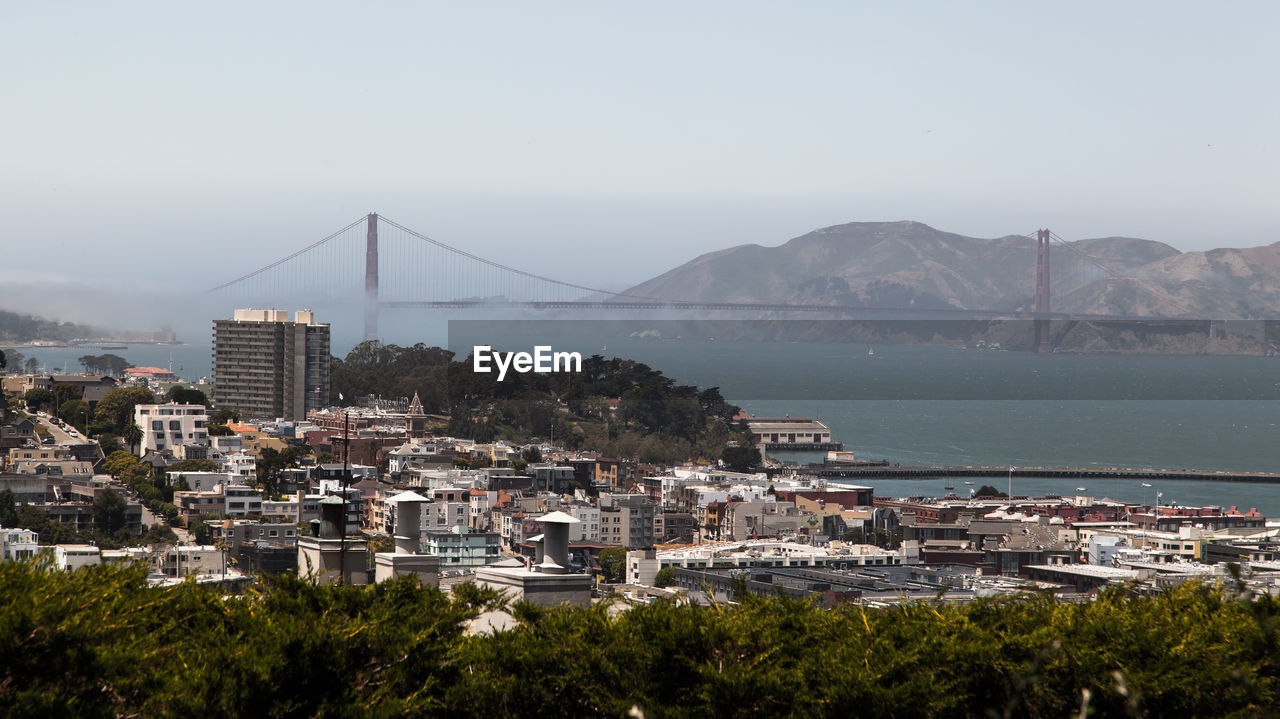 View of suspension bridge over sea