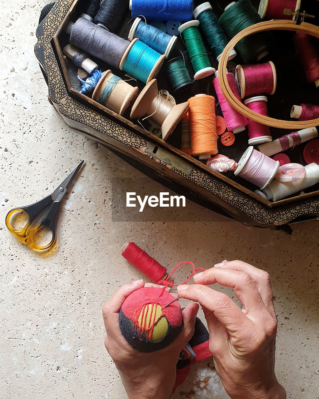 hand, scissors, one person, high angle view, art, fashion, adult, multi colored, holding, craft, variation, container, creativity, indoors